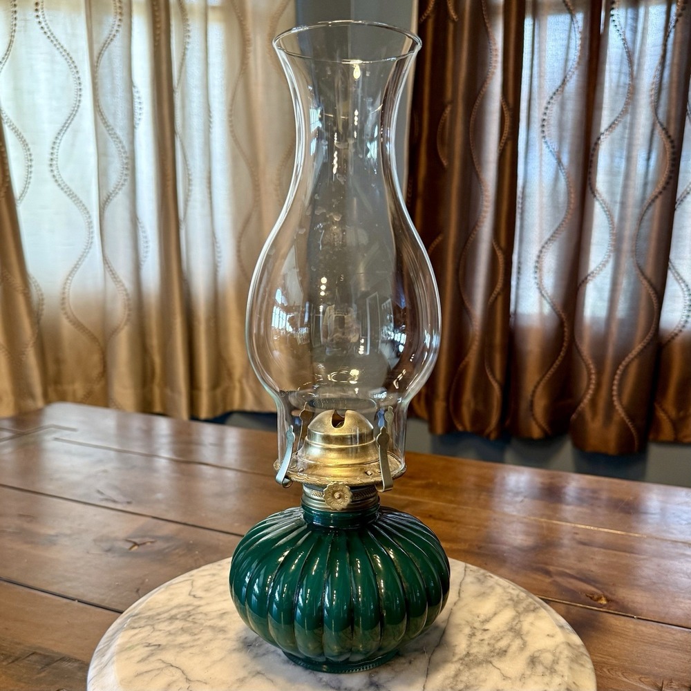 VTG Pumpkin Oil Lantern Lamp Lamplight Farms Green Glass Cottagecore 330 USA 13"